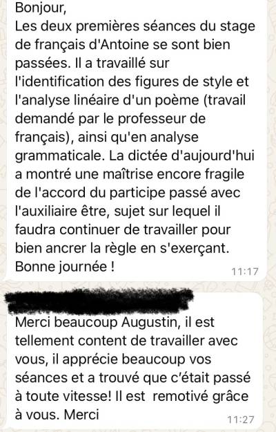 Il apprécie beaucoup vos séances et a trouvé que c'était passé à toute vitesse. Il est remotivé grâce à vous !